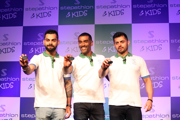 Virat Kohli and Bunty Sajdeh, founder of Cornerstone Sport & Entertainment, with Krishnan during the launch of Stepathlon Kids.